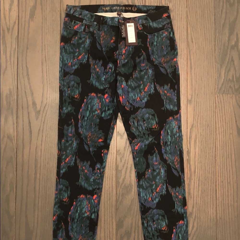 Marchesa Voyage peacock feather print jeans